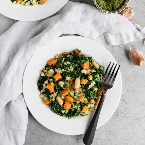 Kale Sweet Potato Pesto Skillet
