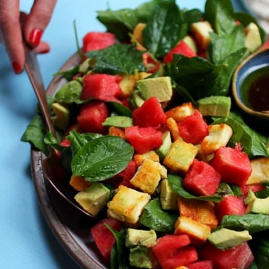 Watermelon, Avocado, Halloumi Salad