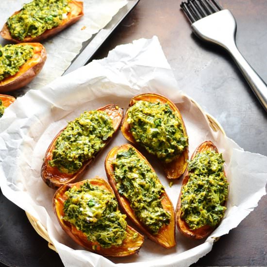 Loaded Spinach Sweet Potato Boats