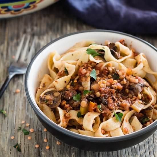 Spicy Red Lentil and Mushroom Pasta
