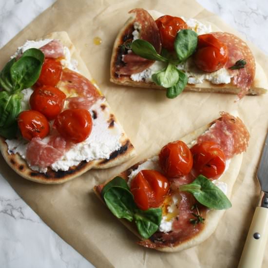 Salami,ricotta and tomato flatbread