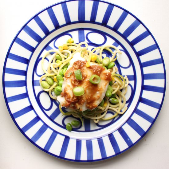 Miso fish with edamame and corn
