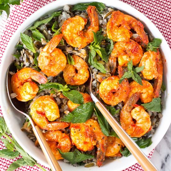 WILD RICE SALAD WITH HARISSA SHRIMP