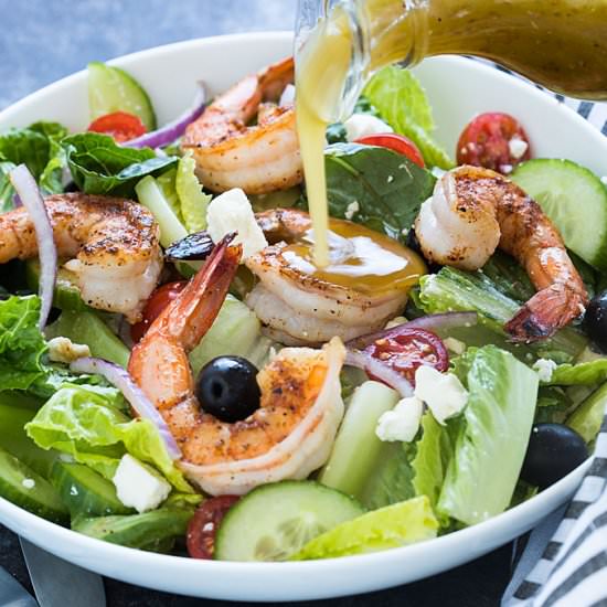 greek salad with blackened shrimp