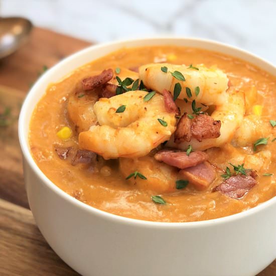 Potato Bacon Corn Soup with Shrimp