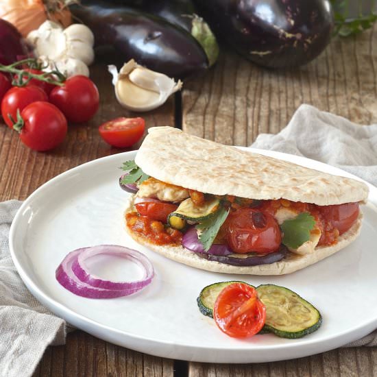 Pita with sugo and grilled veggies