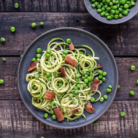 Pesto Zoodles w Peas & Bacon