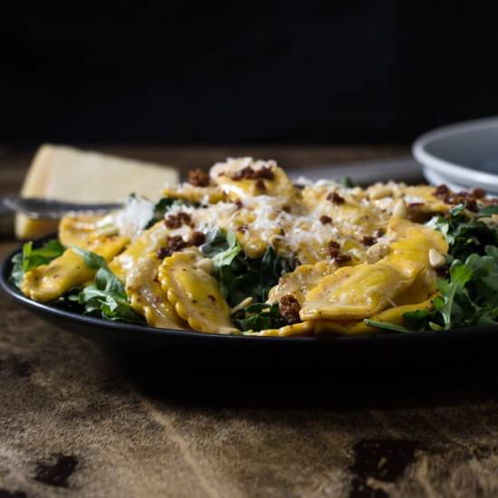 Brown butter cream ravioli & greens
