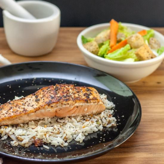 SEARED SALMON GARLIC SCAPES