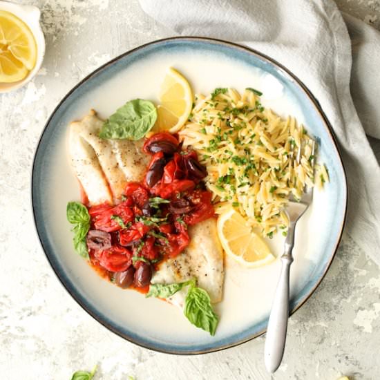 Fish w/ Cherry Tomato Olive Sauce