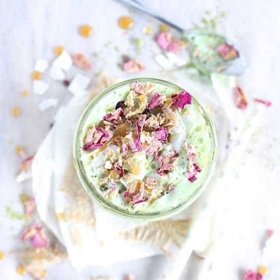 Salted Caramel Iced Matcha Latte