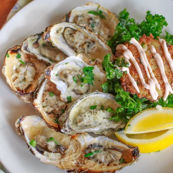 Grilled Oysters & Crab Cakes
