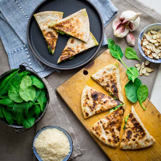 spinach pesto & cheddar quesadilla