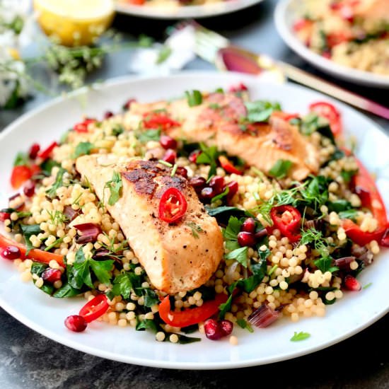 Swiss chard, salmon with pasta