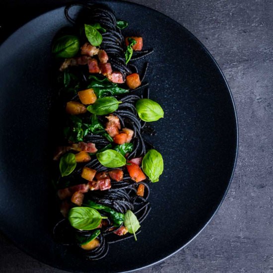 Squid Ink Pasta with Bacon, Spinach