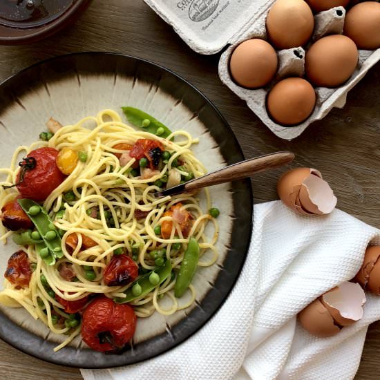 Carbonara w/ pancetta peas tomato