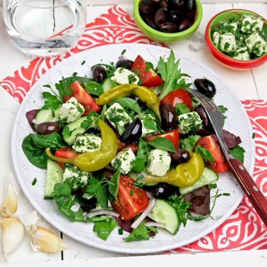 Greek salad with marinated feta