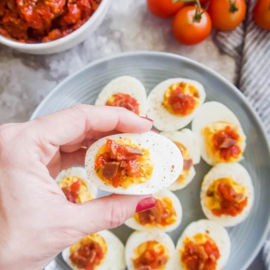 Deviled Eggs With Tomato Bacon Jam