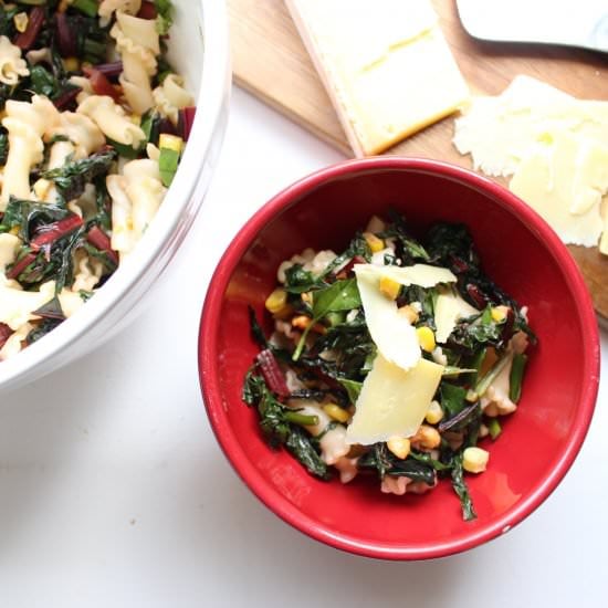 Chard, garlic scape, and corn pasta
