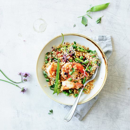 Pearl couscous with shrimps