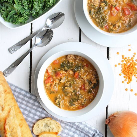 Spicy Sausage, Lentil and Kale Soup