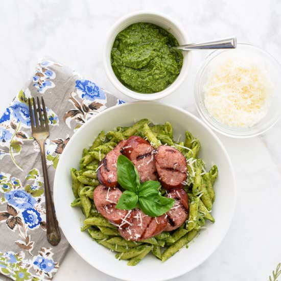 Penne in Pesto with Sausage