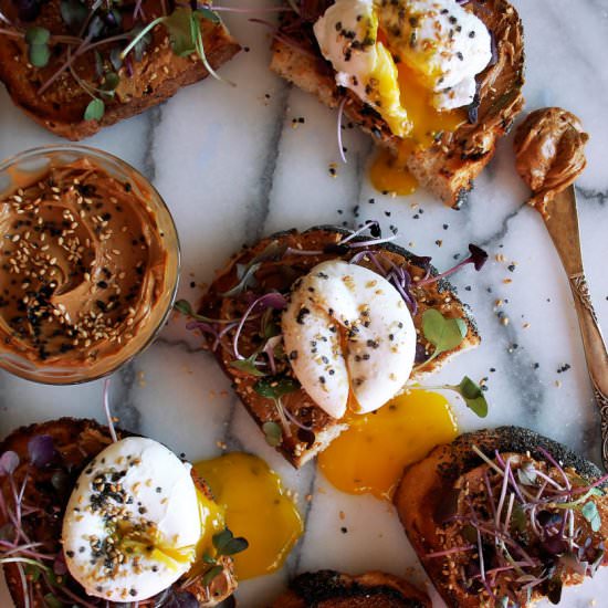 Miso Butter Toast with Poached Eggs