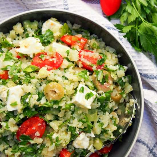 Greek style cauliflower rice salad