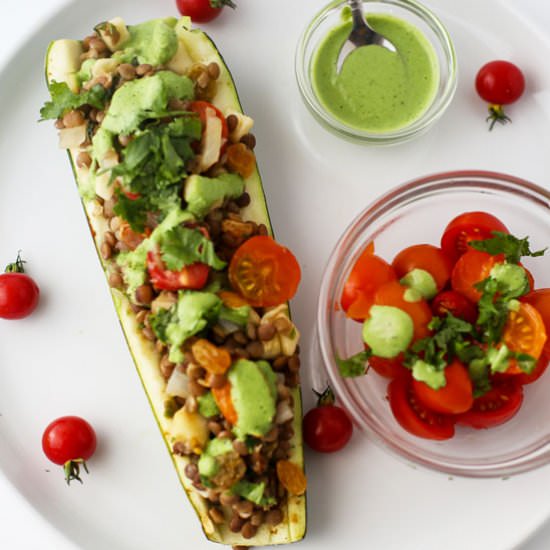 Zucchini-Lentil Boats & Green Sauce