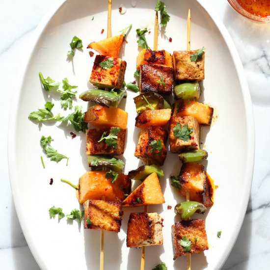 Gochugaru Baked Tofu Veggie Skewers