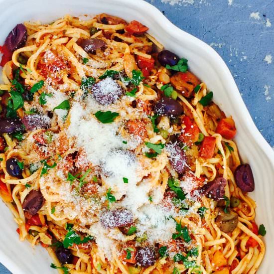 Beef, vegetable and linguini