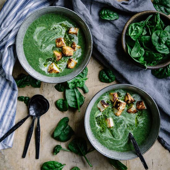 Green Soup with Halloumi Croutons