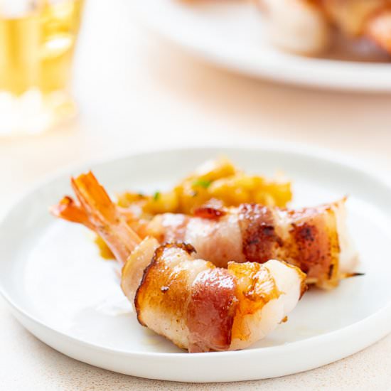 Bacon Wrapped shrimp & Peach sauce
