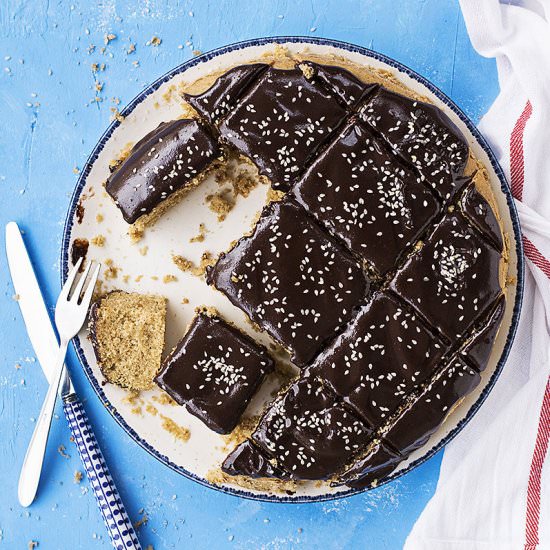 Vegan oil cake with tahini ganache