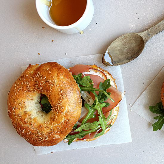 Prosciutto + goat cheese bagels