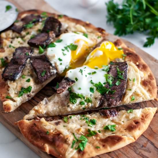 Steak and Egg Flatbread Pizza