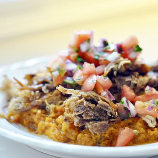 Carnitas Over Sweet Potato Mash