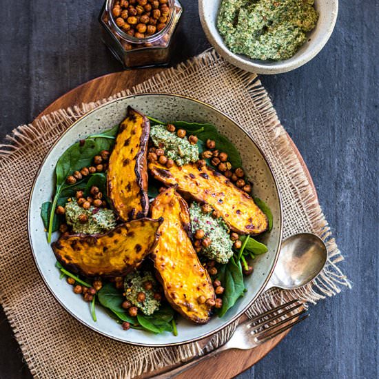 Sweet potato, chickpeas & pesto