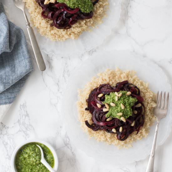 Roasted Beet Noodles Over Quinoa