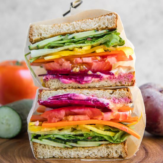 Rainbow Veggie Hummus Sandwiches