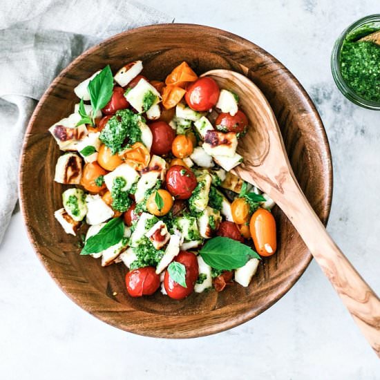 grilled halloumi + burst tomatoes
