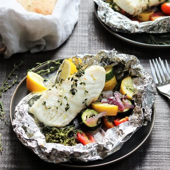 Grilled Halibut & Zucchini Packets