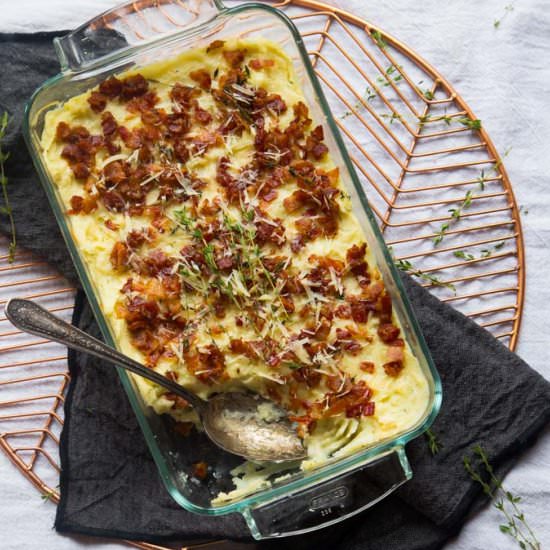 Mashed Potato Bacon Thyme Gratin