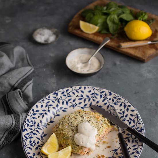 baked salmon with lemon & herb crum