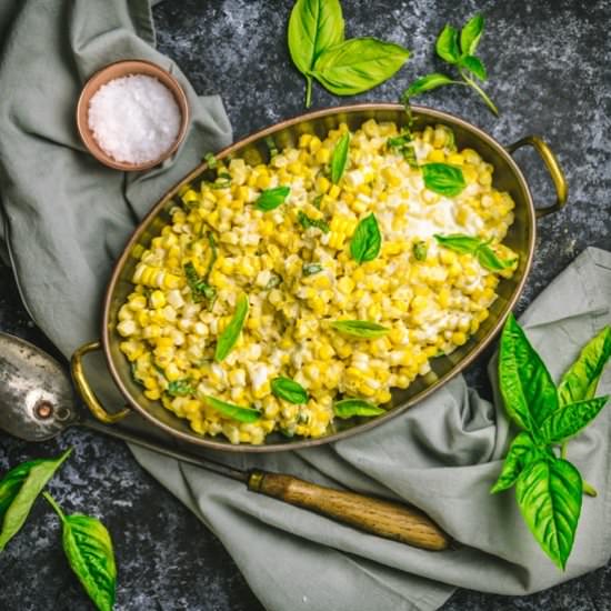 Easy Creamed Corn with Basil