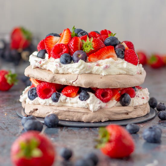 triple berry chocolate pavlova cake