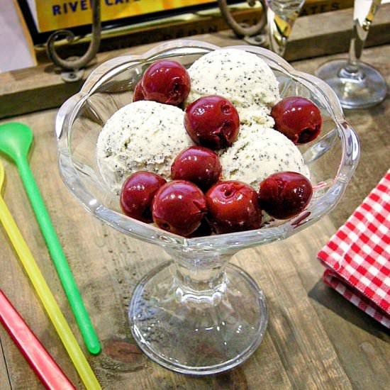 Poppy seed ice cream with cherries