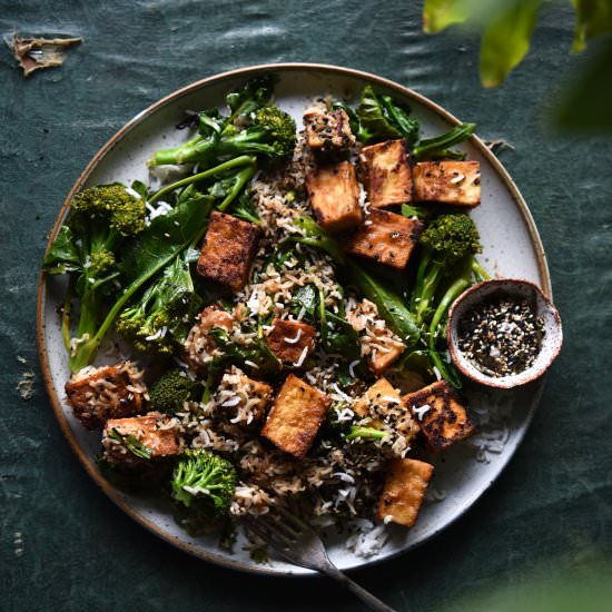 Furikake rice and crispy miso tofu