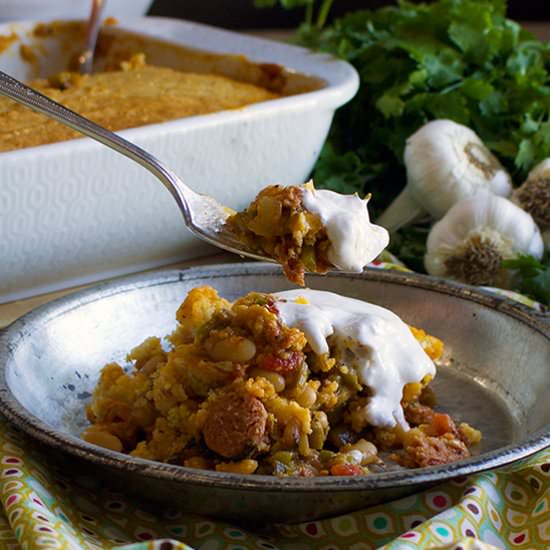 White Chili and Chorizo Tamale Pie