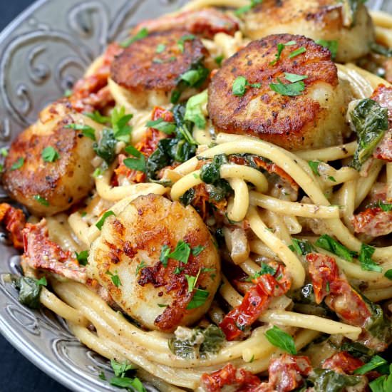 Creamy Tuscan Spaghetti & Scallops